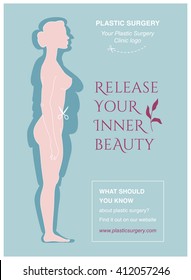 Vector illustration of young beautiful sexy gracile woman before and after plastic surgery, poster design for plastic surgery clinics