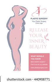 Vector illustration of young beautiful sexy gracile woman before and after plastic surgery, poster design concept for plastic surgery clinics