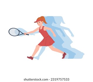 Vector Illustration of a young beautiful sportswoman in a red uniform plays tennis, runs to hit the ball with a racket, see the shadow of movement.