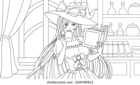 Vector illustration, young beautiful witch, reads a book, drinks coffee, book coloring.