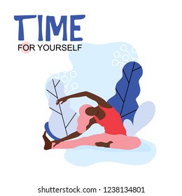 Vector Illustration. Young beautiful woman character sitting position in modern flat style. Fitness healthy lifestyle. Time for yourself