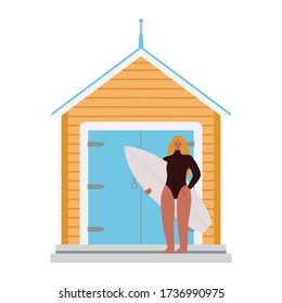 Vector illustration of a young beautiful woman in a swimsuit holding a surf board on the background of a colored beach house. Flat drawing of a surfer girl