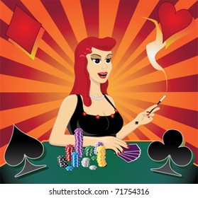 Vector illustration of young beautiful woman with poker chips and cards.