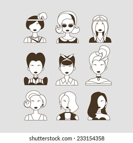 Vector illustration of young beautiful women from different times