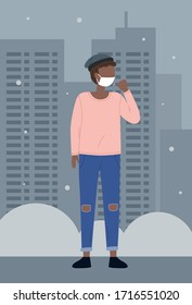 Vector illustration of young black afro man wearing face medical mask standing at city background. Viral pandemic. Coronavirus 2019-ncov flu. Respiratory protection from virus pandemia