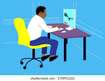 Vector illustration. Young black man using laptop in office. Afro-American businessman using internet to trade.