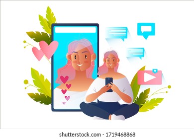 Vector illustration with young blogger girl sitting in lotus position with smartphone during live stream. Influencer concept with millennial female character with hearts and social media icons.