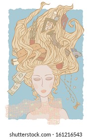 vector illustration of young blond woman close up thinking or dreaming