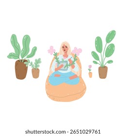 Ilustração vetorial de um jovem artista loira sentado em uma cadeira de saco e desenho em um tablet com uma caneta em um círculo de plantas de casa que adicionam calor e conforto criativo