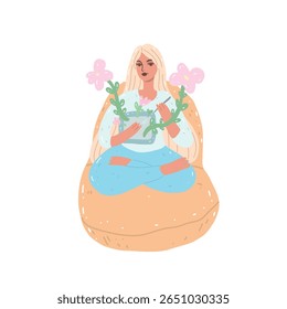 Ilustração vetorial de um jovem artista loiro sentado em uma cadeira de saco e desenhando em um tablet com uma caneta. Concepção da imaginação criativa e conforto doméstico