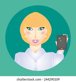 Vector illustration of a young blonde girl with smartphone in hand.
