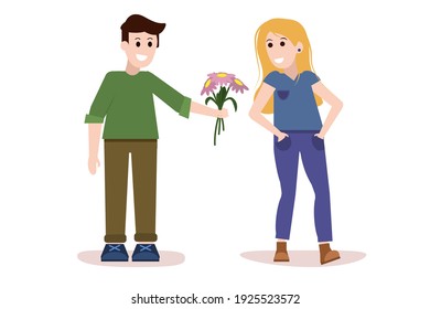 vector illustration of a young blonde woman and a man with a bouquet of flowers in a flat style. Isolated on a white background