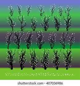 Vector illustration with young blooming trees on green ground. Spring background. Garden with trees. Nice image with spring trees in blossom