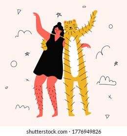 Vector illustration with young body positive woman and funny striped tiger. Trendy print design with doodle elements