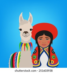 Imagen vectorial de una joven boliviana/peruana con llama sonriente