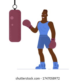 Vector illustration of a young boxer man, an African, in a sports uniform with a boxing bag on a white background. Flat design.
