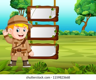 vector illustration of Young boy adventure with blank wood background