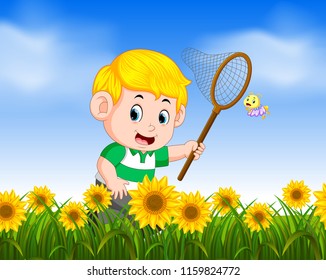vector illustration of young boy catching butterflyin the jungle