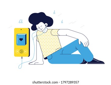 Vector illustration of young boy character sit and enjoy listening to audio books on his mobile app smartphone concept. Flat line art modern style. 