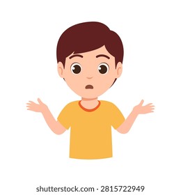 Vector illustration of a young boy character shrugging his shoulders in confusion.