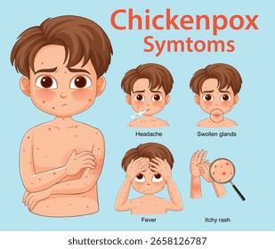 Vector illustration of a young boy with chickenpox symptoms, including itchy rash, headache, fever, and swollen glands, in a cartoon medical style