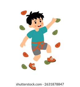Vector illustration of a young boy climbing a rock wall, showing strength, balance, and adventure in an active outdoor setting.