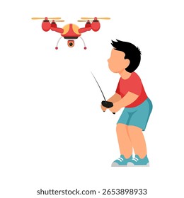 Vector illustration of young boy controlling flying drone toy with remote happily.