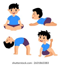 Vector illustration of young boy in different yoga poses on white background.