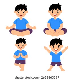 Vector illustration of young boy in different yoga poses on white background.