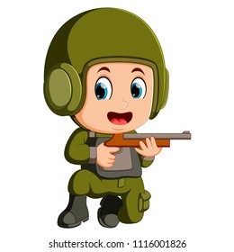 vector illustration of Young boy dressed like a soldier with rifle