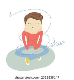 Vector illustration of a young boy with dyslexia feeling sad with his struggle