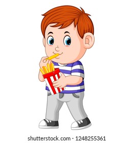 vector illustration of Young boy eating french fries