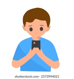 Vector illustration of a young boy engrossed in a smartphone, representing childhood phone addiction