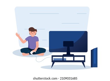 Vector illustration young boy enjoying playing video game console with big tv background.