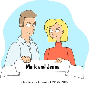 Vector illustration of a young boy and a girl together, romantic date, template