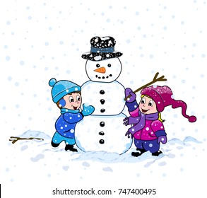 Vector illustration of a young boy and girl dressed in winter clothing, having fun making a snowman on a cold winter day, with snow falling down around them.