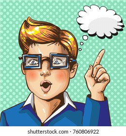 Vector illustration of young boy in glasses with forefinger up gesture, hand sign, thought bubble in retro pop art comic style.