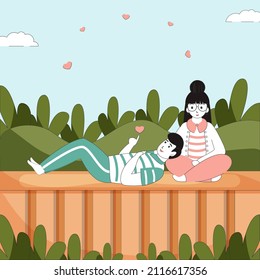 Vector Illustration Of Young Boy Lying On His Girlfriend Lap Against Natural Background For Love Or Romantic Concept.