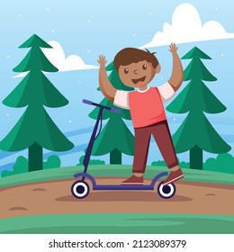 Vector illustration young boy playing with their scooter in the park. Kid playing scooter background.