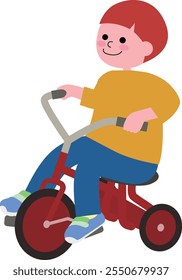 A vector illustration of a young boy playing on a tricycle.