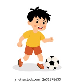 Vector illustration of a young boy playing soccer, kicking a ball with enthusiasm on the field. Perfect for kids’ sports, teamwork, and outdoor activity themes.