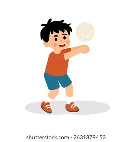 Ilustração vetorial de um jovem rapaz jogando vôlei, preparando-se para servir ou espetar a bola, demonstrando energia e trabalho em equipe.