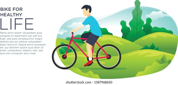 Vector illustration of Young boy riding bicycle in park. Bicycle landing page template with place for your text and for landing page, design, web design