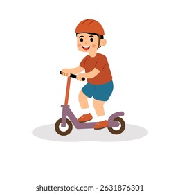 Vector illustration of a young boy riding a kick scooter with joy and energy, wearing safety gear. Perfect for depicting kids’ outdoor activities, balance, and fun.