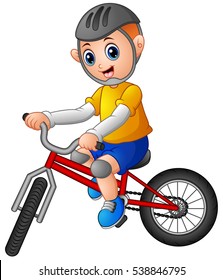 Vector illustration of Young boy riding a bicycle on a white background