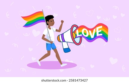 Vector illustration of young boy running with rainbow flag and megaphone shouting love, celebrating diversity, inclusion and lgbtq+ pride