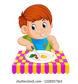 Vector illustration of A young boy sitting while enjoy having breakfast