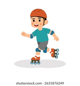 Vector illustration of a young boy skating with joy and motion, wearing helmet and pads for safety. A fun and active design perfect for kids’ sports and outdoor adventure content.