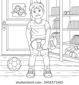Ilustración vectorial, niño pequeño con la pelota de fútbol en la habitación de los niños, libro para colorear