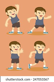 Vector illustration of a young boy in sports attire doing simple warm-up stretching exercises isolated on orange background 